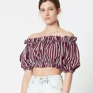 Sandro Paris Off-Shoulder Striped Blouse - Burgundy and White